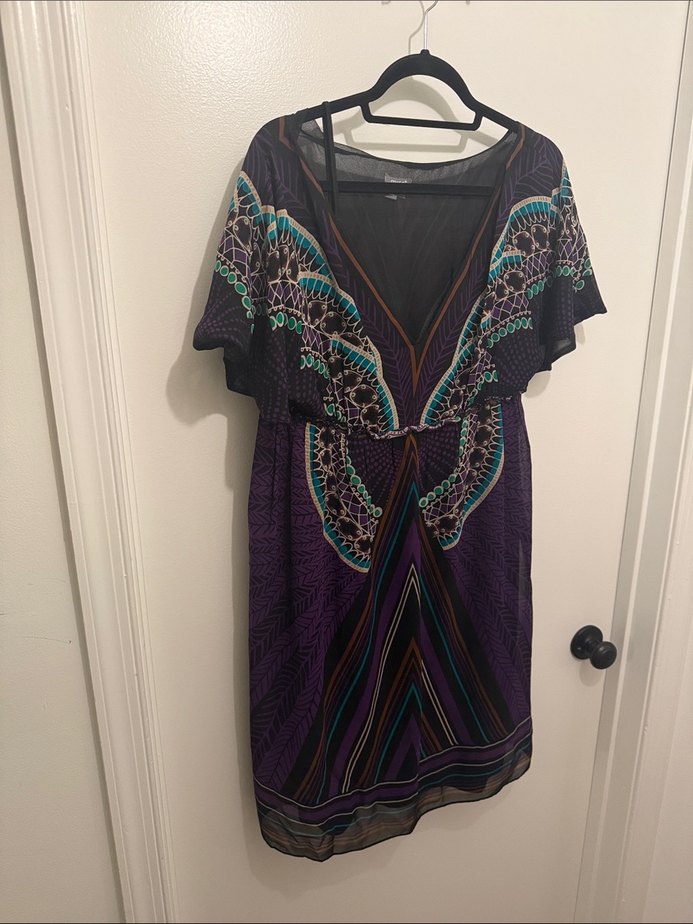 Muse Purple Midi Dress with Teal and Black Accents and Matching Slip